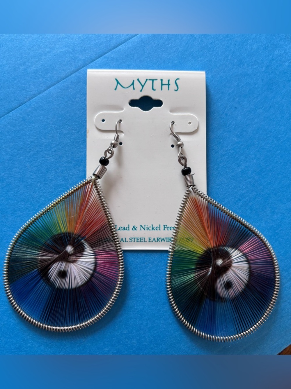 Myths Rainbow Fan Teardrop Thread Earrings - Multicolor ~ Yin Yang design (NWOT)